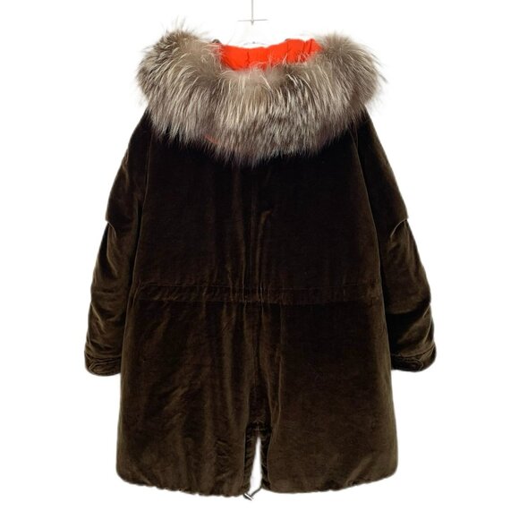 Moncler Brown Velvet Parka With Fur Trim & Orange Lining - Picture 2 of 8